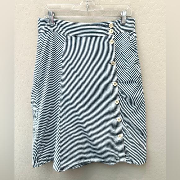 J.CREW Blue White Striped Cotton A-Line Skirt with Side Button Detail | Size 10 - Picture 1 of 8